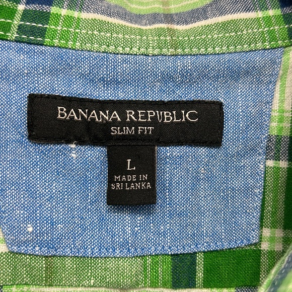 BANANA REPUBLIC SLIM-FIT PLAID LINEN/COTTON SHIRT MEN BUTTON DOWN FLIP CUFF SZ L - Picture 3 of 10